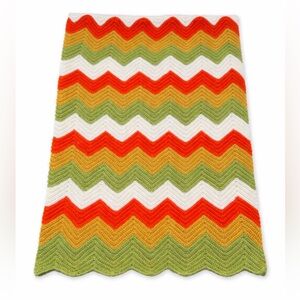 Handmade Crochet Chevron Throw Blanket 40x66 Orange Green Cream Retro Afghan